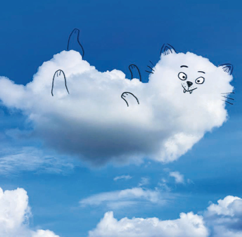 Cat face drawn on a cloud against a blue sky with more clouds.