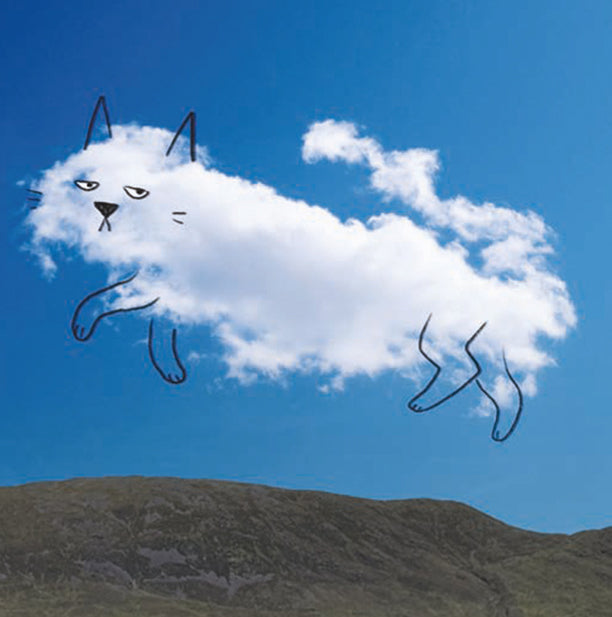 Cloud shaped like a cat against a blue sky with mountains in the background