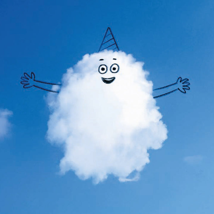 Happy cloud with a face and arms against a blue sky