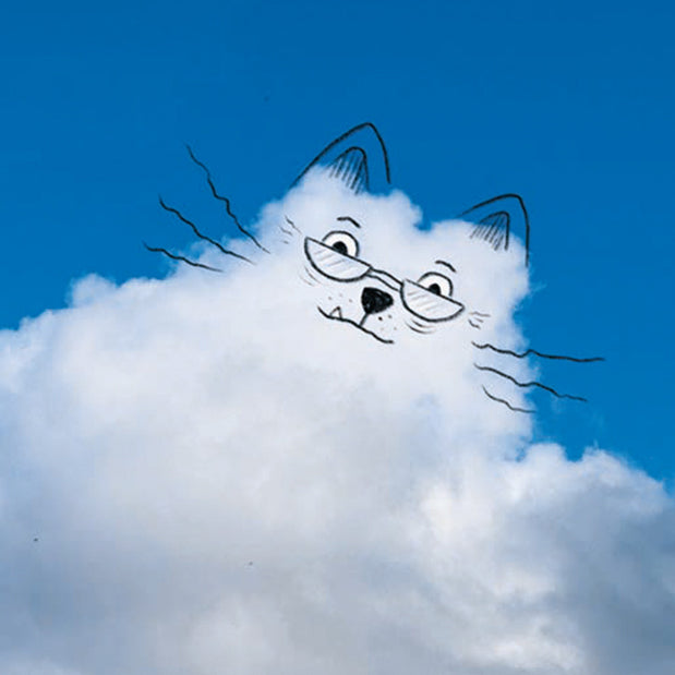 Cloud cat with glasses on a blue sky background
