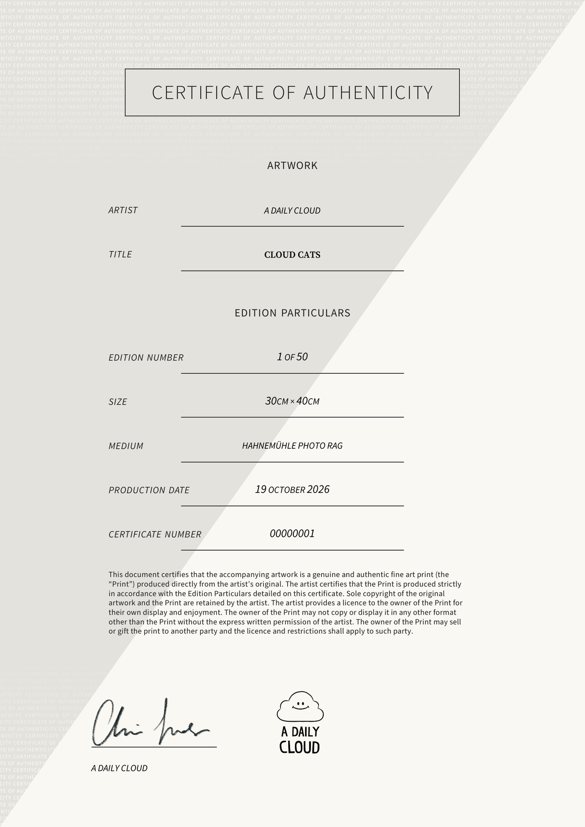 Cloud Cats — Certificate of Authenticity