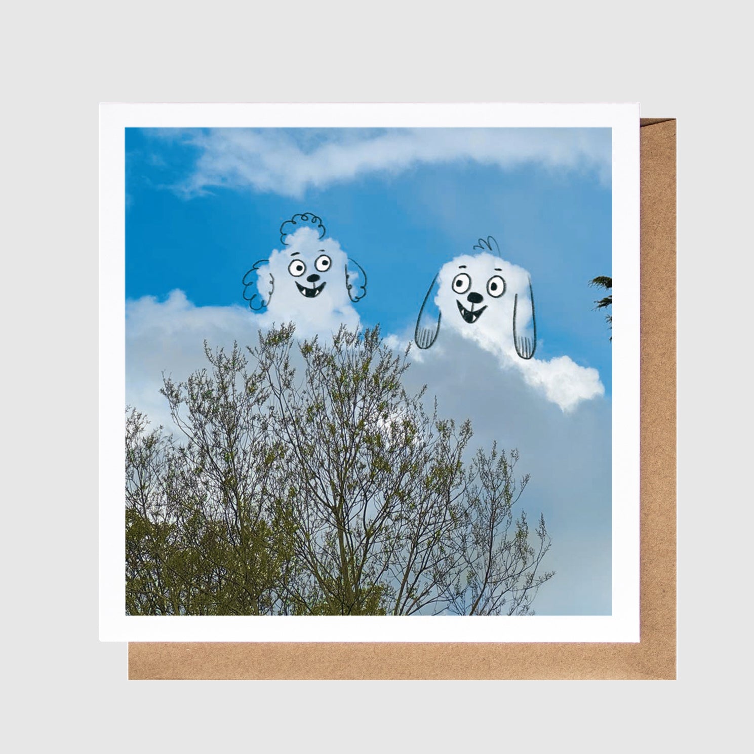Two cartoon dogs on clouds with a blue sky and trees in the background.