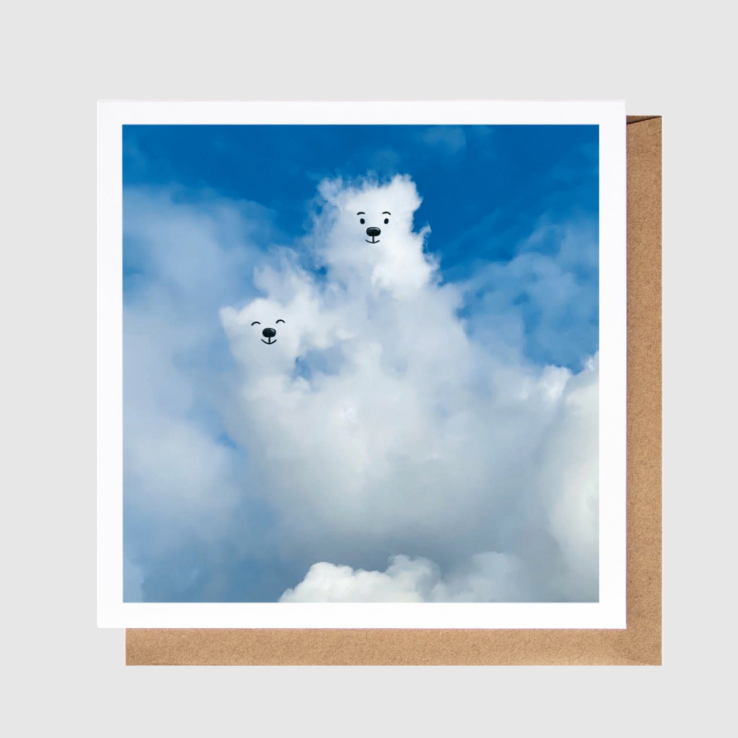 Two polar bears in clouds with a blue sky background