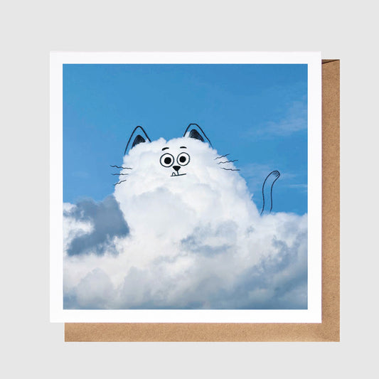 Card with a cat-shaped cloud design against a blue sky on a white background