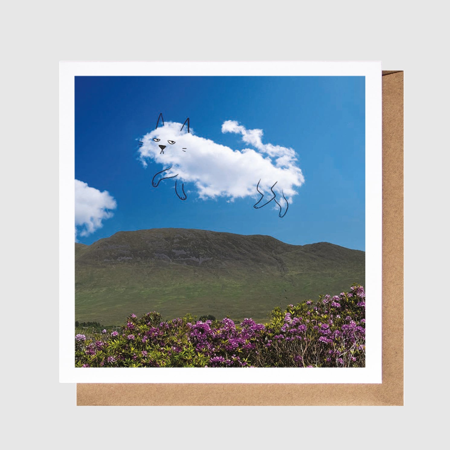 Card with a cloud shaped like a cat over a mountain landscape