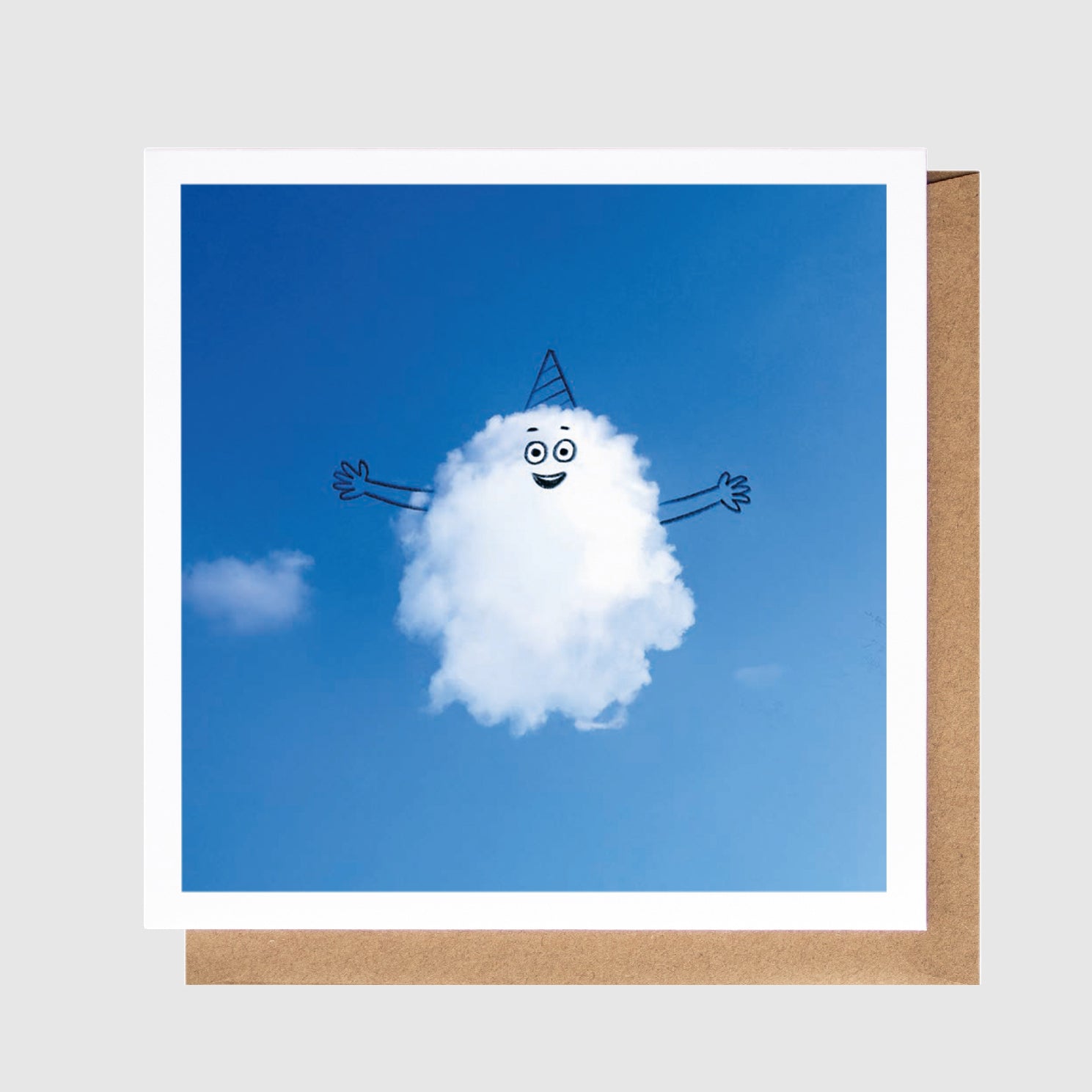 Card with a cloud-like creature illustration against a blue sky on a white background