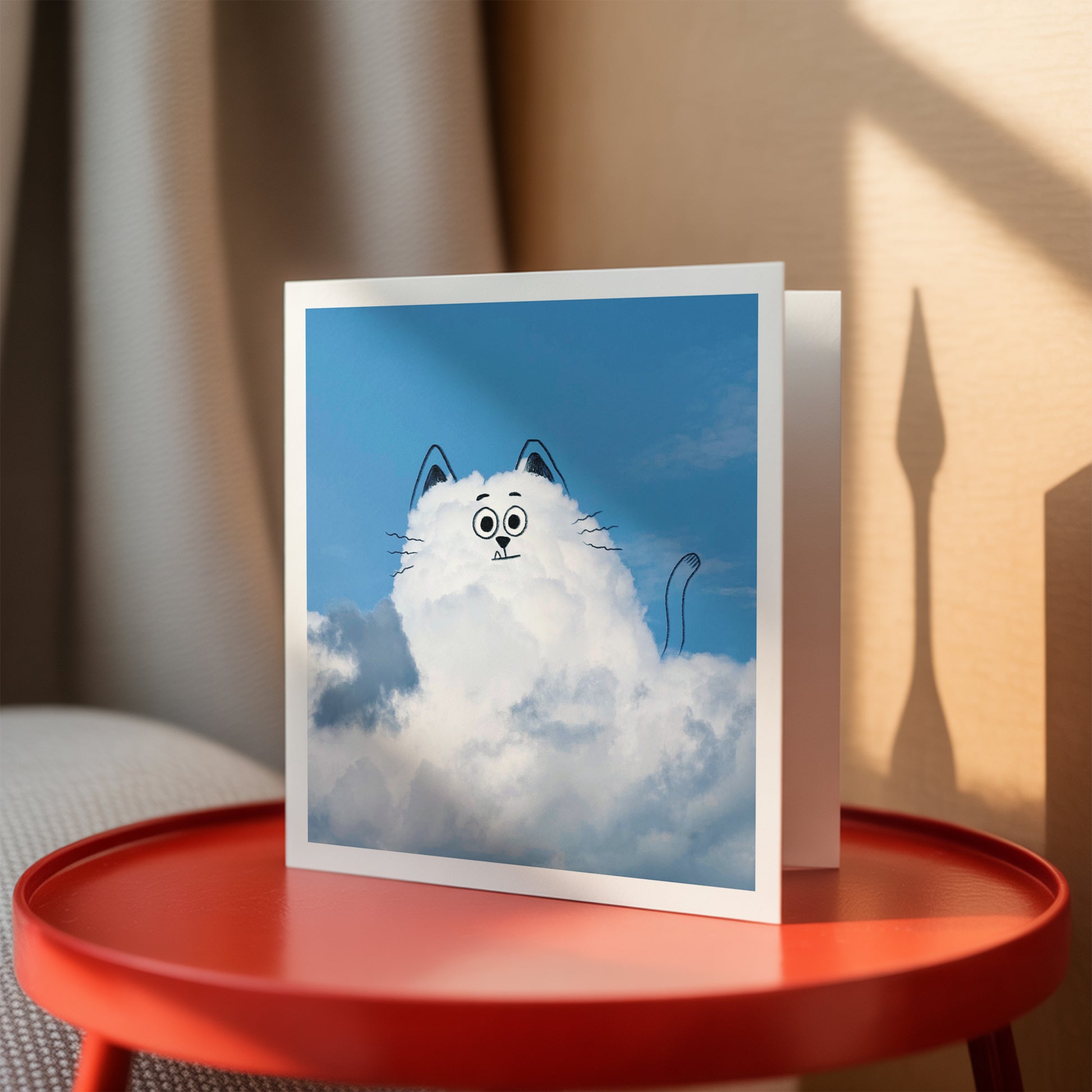 Card with a cat on clouds design on a red table