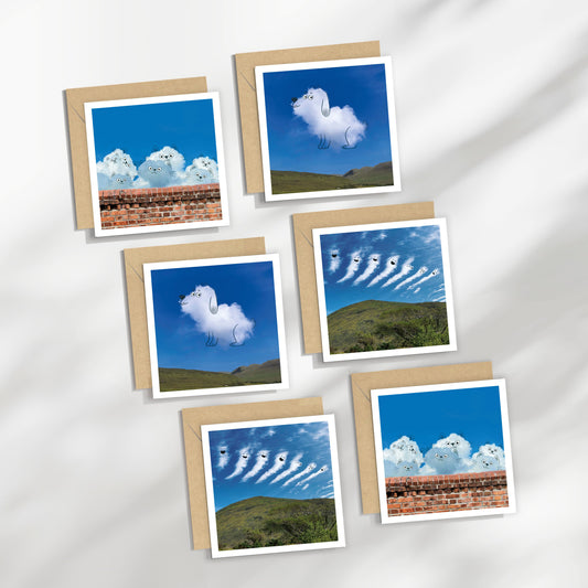 Set of six greeting cards with cloud-themed designs on a white background, cats and dogs.