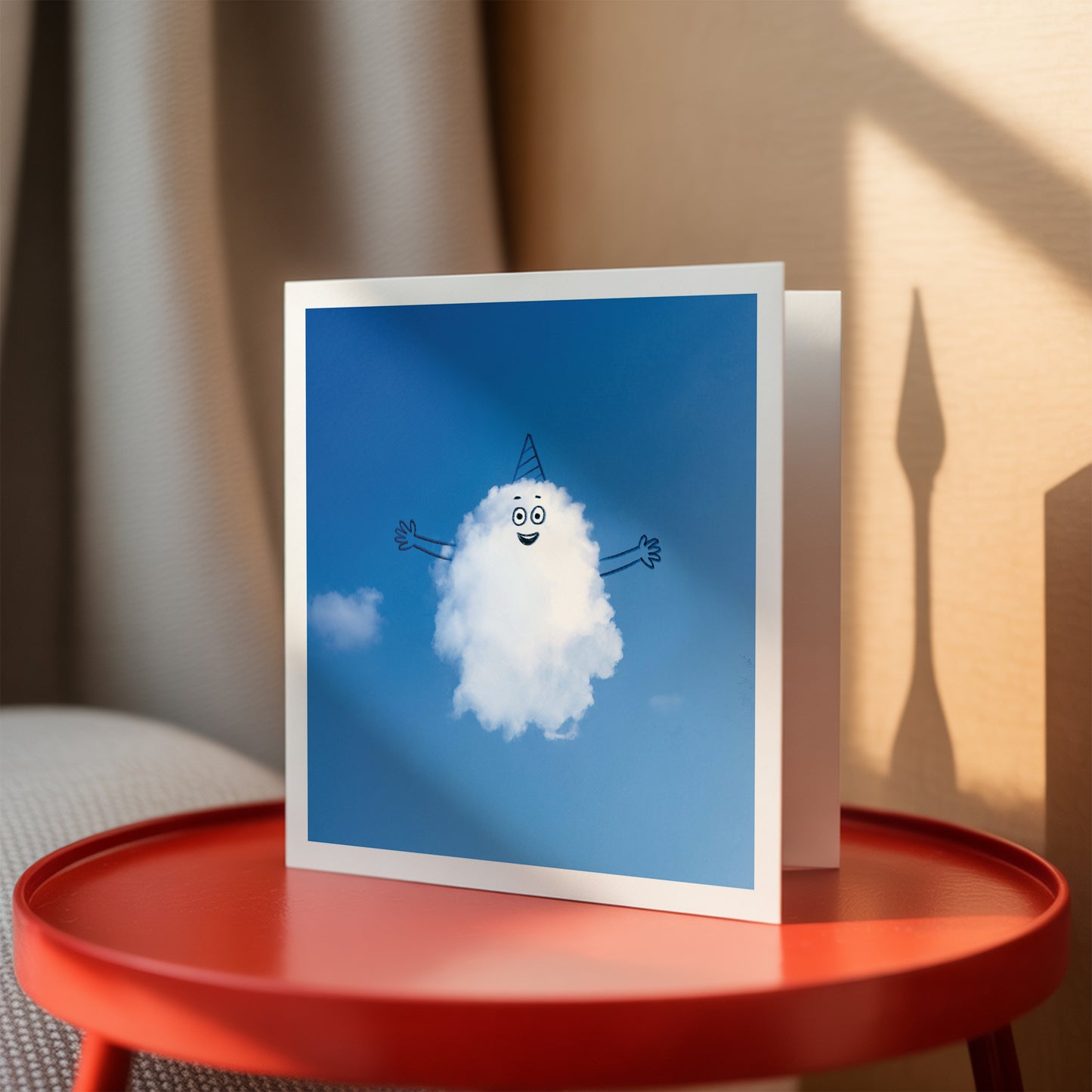 Framed artwork of a cloud with a face on a red table